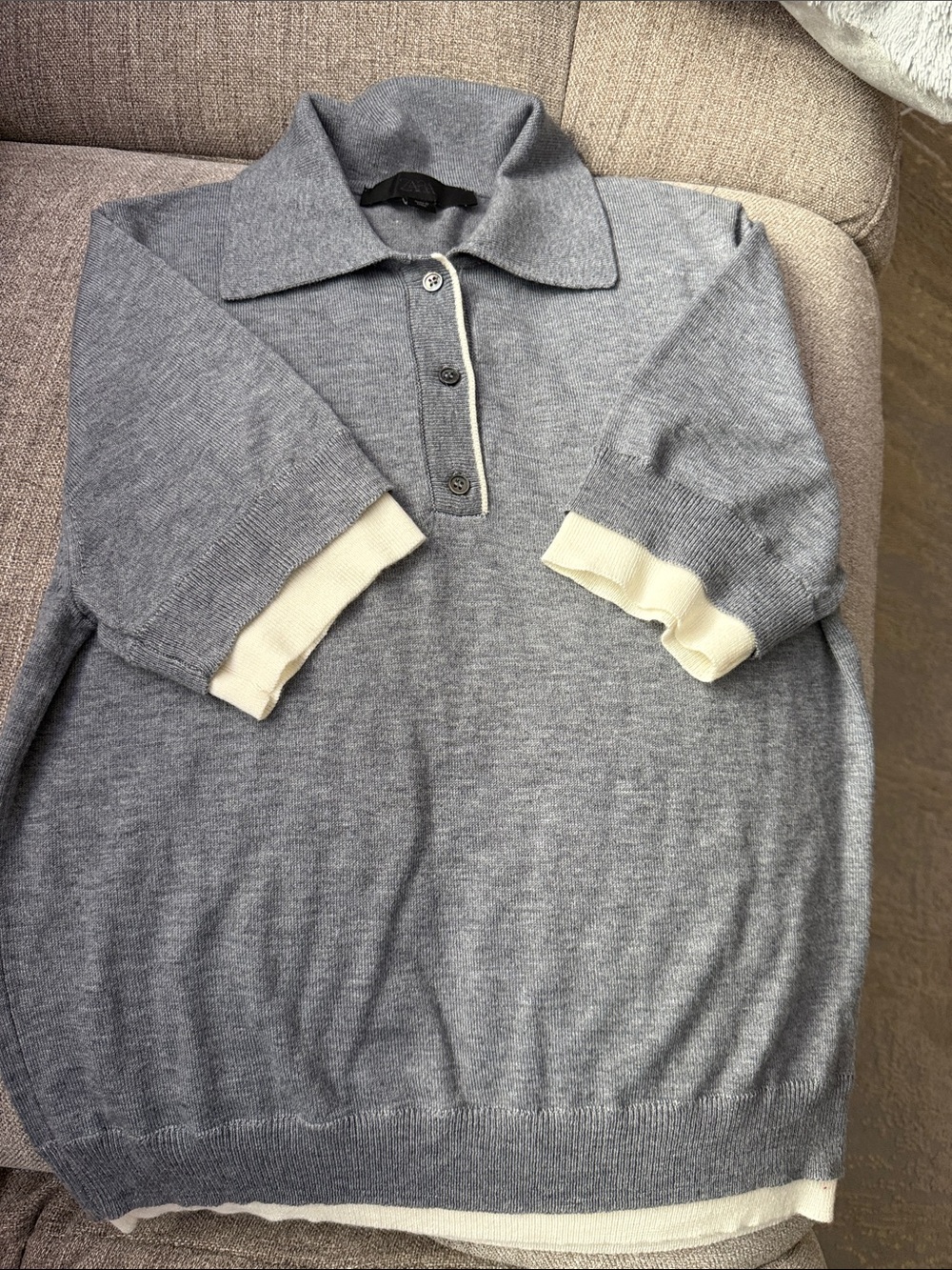 Zara Gray V-Neck Polo Sweater with Cream Trim